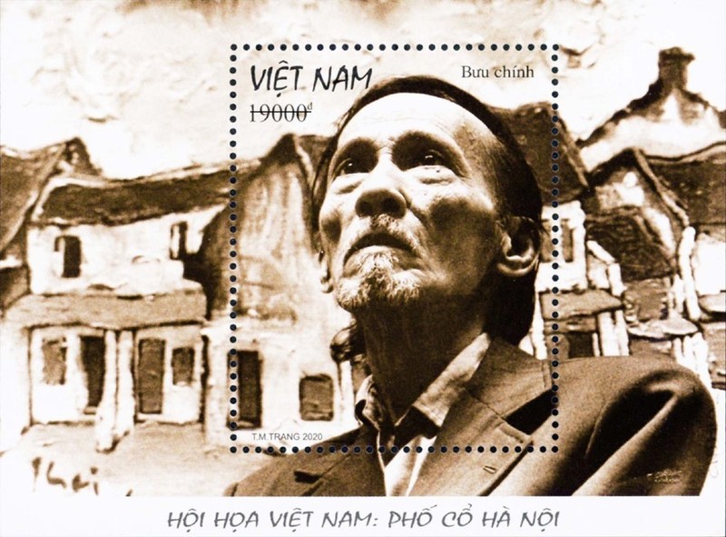 The stamp set's bloc featuring the portrait of painter Bui Xuan Phai and a corner of Hanoi Old Quarter. 