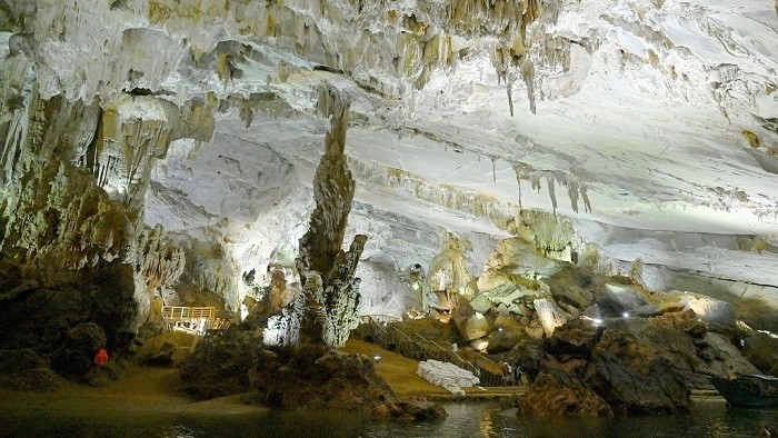 The magnificent beauty of stalactites in the cave.