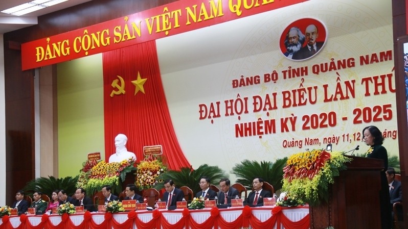 Politburo member Truong Thi Mai speaks at the congress. 