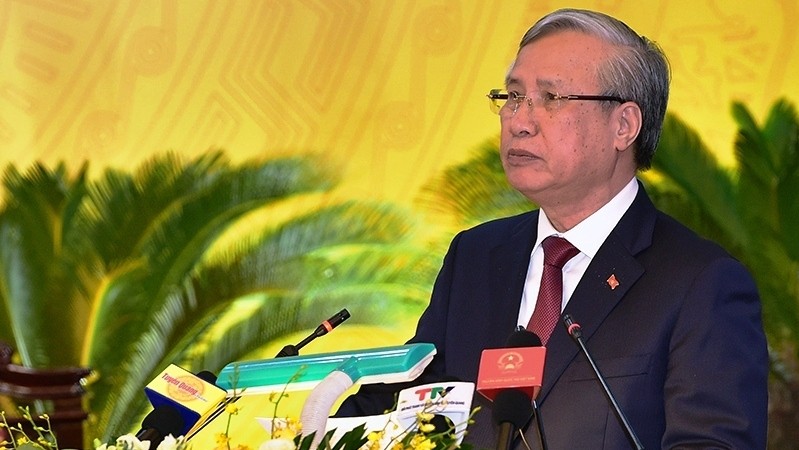 Politburo member Tran Quoc Vuong speaking at the Party convention of Tuyen Quang Province
