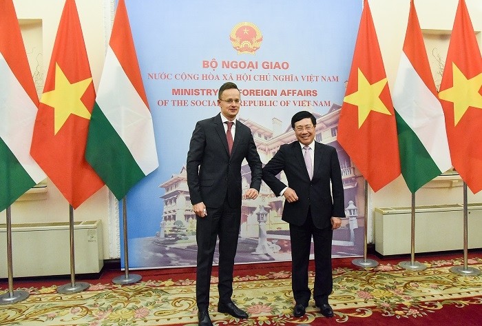 Deputy Prime Minister and Foreign Minister Pham Binh Minh (R) and Hungarian Minister of Foreign Affairs and Trade, Péter Szijjártó. (Photo: VGP)