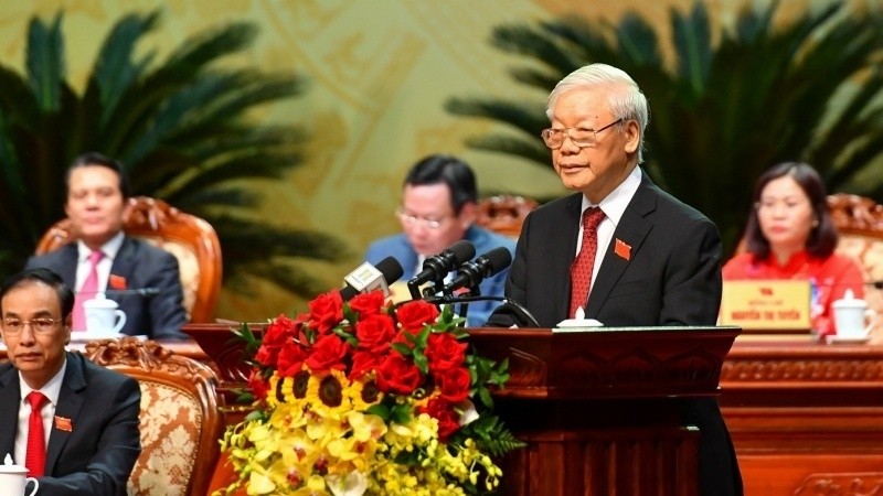 Party General Secretary and President Nguyen Phu Trong speaking at the Hanoi's Party Congress (Photo: NDO)