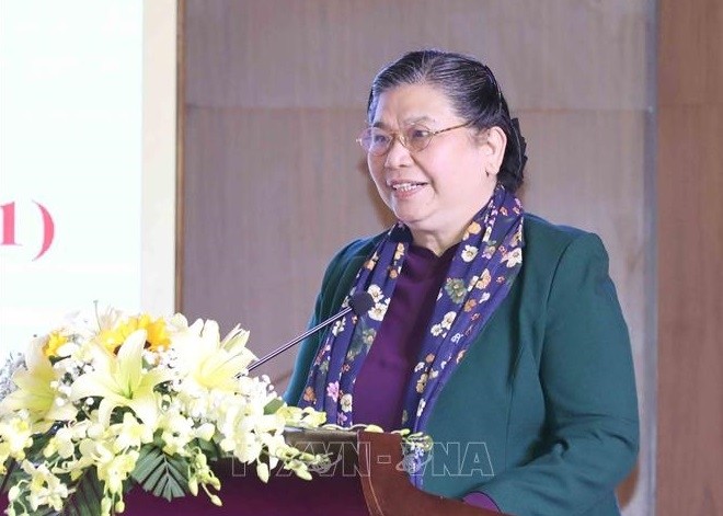 Permanent Vice Chairwoman of the National Assembly Tong Thi Phong speaks at the get-together in Son La Province. (Photo: VNA)