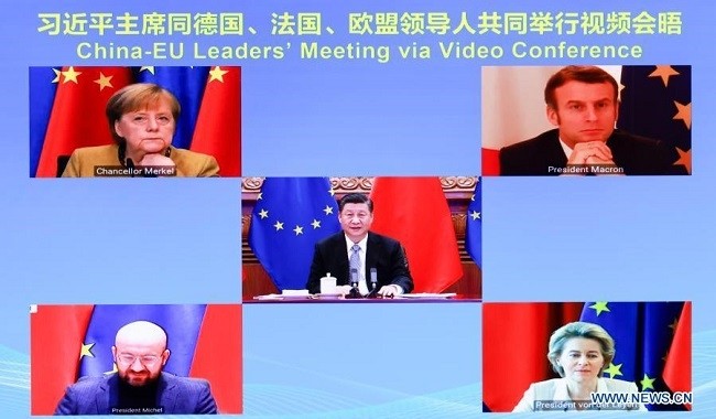 Chinese President Xi Jinping meets with German Chancellor Angela Merkel, French President Emmanuel Macron, President of the European Council Charles Michel and President of the European Commission Ursula von der Leyen via video link in Beijing, capital of China, Dec. 30, 2020. During the meeting, Xi and the European leaders announced that the two sides have completed investment agreement negotiations as scheduled. (Photo: Xinhua)