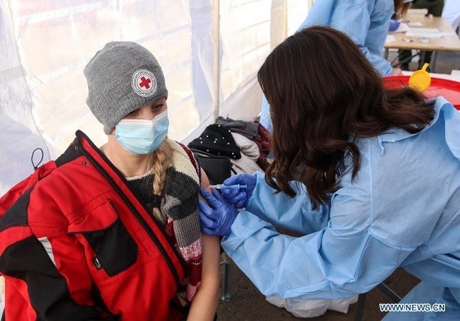 A woman receives a Moderna COVID-19 vaccine in earthquake-affected Petrinja, Croatia, Jan. 13, 2021. (Photo: Xinhua)