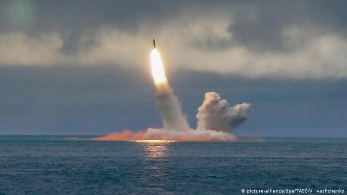 Russia's Borei-class nuclear-powered submarine K-535 Yuri Dolgoruky launches an RSM-56 Bulava ballistic missile in the Barents Sea. (Photo: TASS)