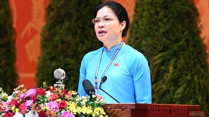 Chairwoman of the Vietnam Women’s Union Ha Thi Nga speaks at the 13th National Party Congress. (Photo: NDO/Duy Linh)