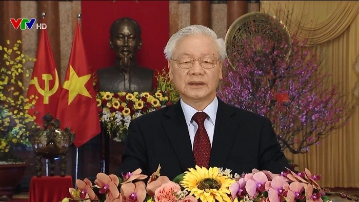 Party General Secretary and State President Nguyen Phu Trong extends his Lunar New Year greetings on February 12, 2021. (Screenshot capture)