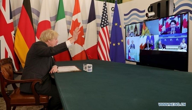 British Prime Minister Boris Johnson speaks during a virtual meeting of the leaders of the Group of Seven at Downing Street in London, Britain, on Feb. 19, 2021. (Source: No 10 Downing Street/Handout via Xinhua)