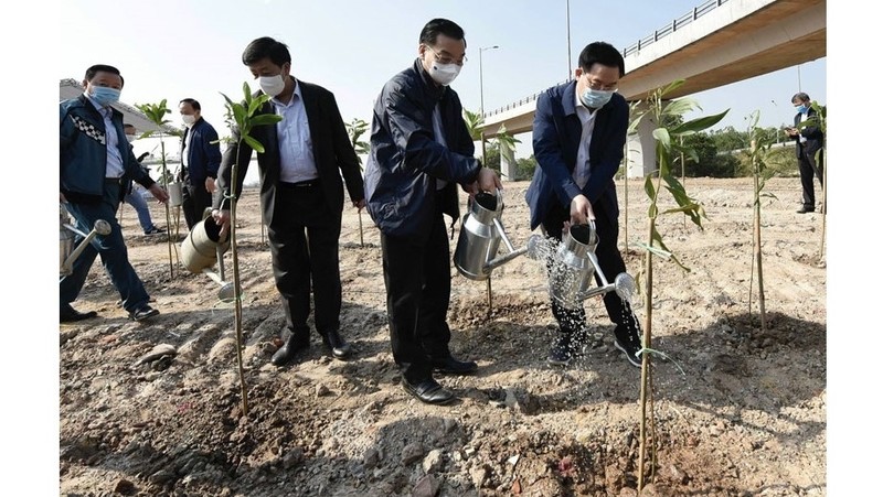 Secretary of the Hanoi Party's Committee Vuong Dinh Hue (far right) and Chairman of the municipal People’s Committee Chu Ngoc Anh (second from right) plant a tree in response to the tree planting festival. (Photo: NDO/Duy Linh)