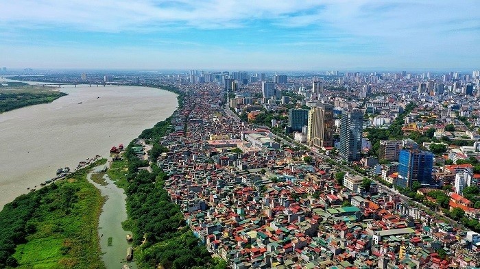 An aerial view of Hanoi with the Red River on the left. (Photo: NDO/Le Viet)