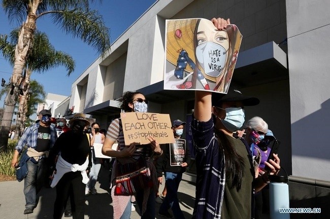 People take part in a protest against Asian hate in San Gabriel Valley of California, the United States, on March 26, 2021. (Photo: Xinhua)