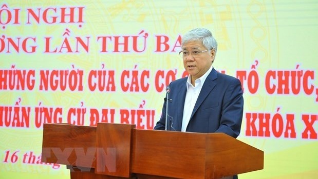 President of the VFF Central Committee and Vice Chairman of the National Election Council Do Van Chien speaks at the third consultative conference in Hanoi on April 16 (Photo: VNA)