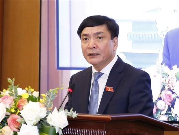 Bui Van Cuong, NA Secretary General, Chairman of the NA Office and Chief of the NEC Office, speaks at the press conference.