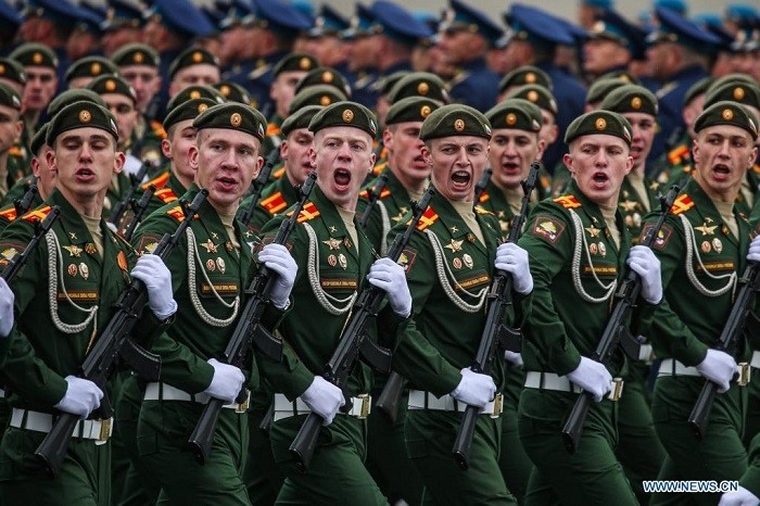 Servicemen march during the military parade marking the 76th anniversary of the Soviet victory in the Great Patriotic War, Russia's term for World War II, on Red Square in Moscow, Russia, May 9, 2021. (Photo: Xinhua)