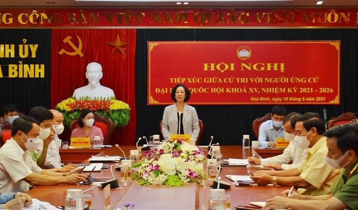 Politburo member and Head of the Party Central Committee’s Organisation Commission Truong Thi Mai speaks during the virtual meeting with voters in Hoa Binh province on May 10. 