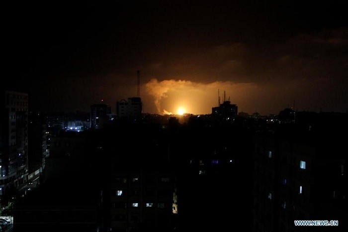 Photo taken on May 10, 2021 shows explosions following Israeli airstrikes in Gaza City. Israel carried out airstrikes in the Gaza Strip, killing at least 20 people, as rocket fire from the Palestinian enclave continued through Monday night, according to Israeli and Palestinian sources. (Photo: Xinhua)