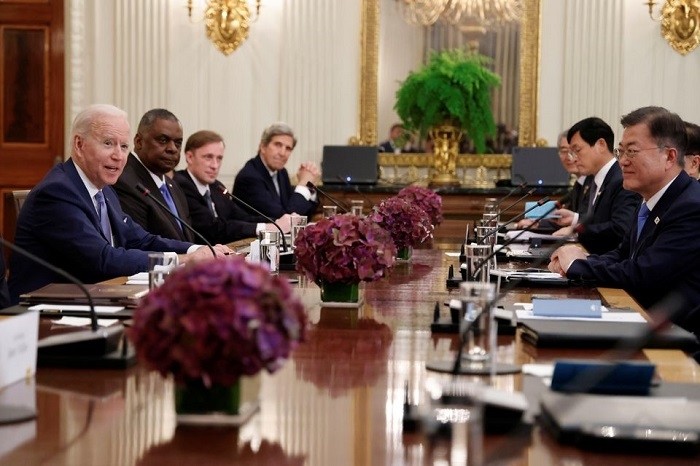 US President Joe Biden, US climate envoy John Kerry, US National Security Advisor Jake Sullivan and US Defense Secretary Lloyd Austin participate in an expanded bilateral meeting with Republic of Korea's President Moon Jae-in at the White House, in Washington, US May 21, 2021. (Photo: Reuters)