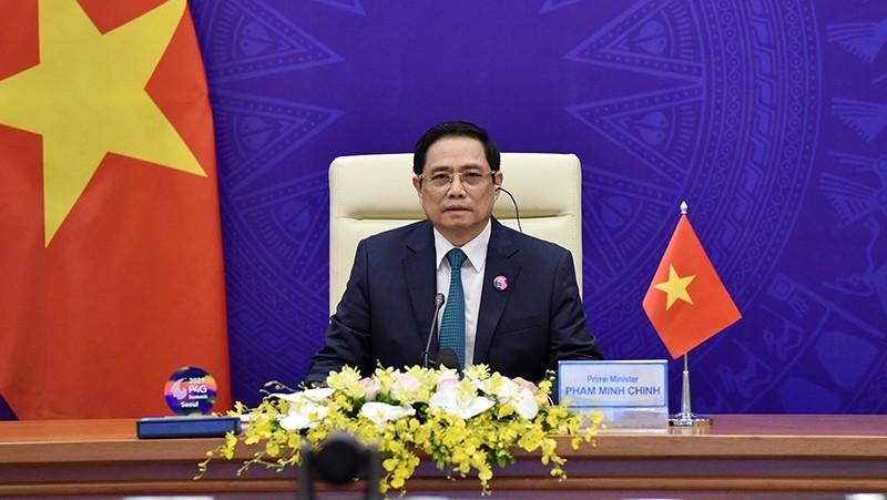 Prime Minister Pham Minh Chinh attends the virtual P4G Summit. (Photo: Tran Hai)