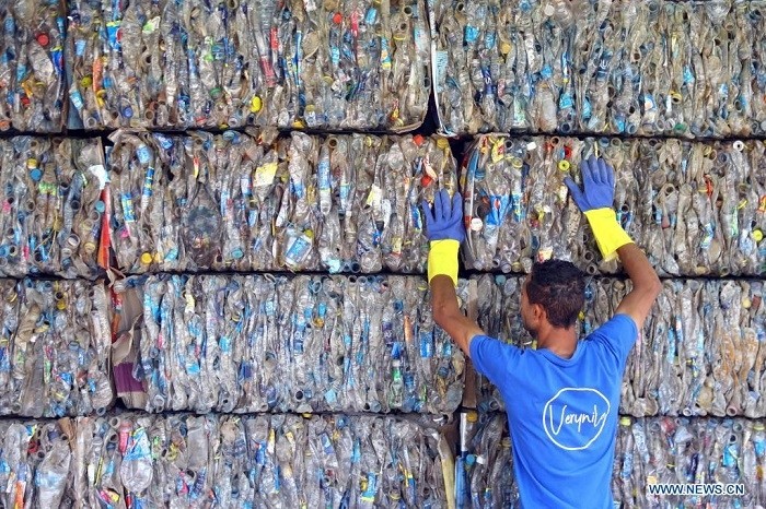 Photo taken on June 5, 2021 shows compressed plastic bottles collected from the Nile River for recycling at a solid waste management base on Qursaya island in Giza, Egypt, June 5, 2021. Saturday marks this year's World Environment Day with the theme of "Ecosystem Restoration".  (Photo: Xinhua)