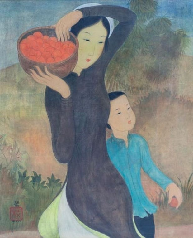 The artwork 'Mère et Enfant, panier de fruits' (Mother and Child, fruit basket) by Mai Trung Thu. (Photo courtesy of the exhibition)